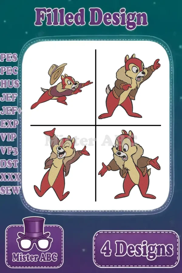 A vibrant collection of four filled embroidery designs featuring Chip from Chip 'n Dale in various poses.