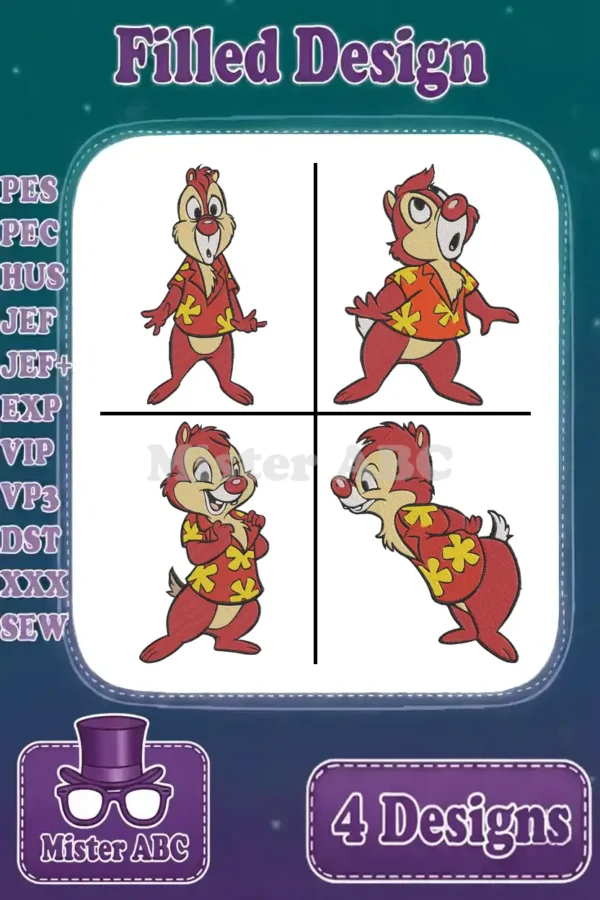 Four vibrant filled embroidery designs featuring Chip from Chip 'n' Dale in various playful Hawaiian shirt poses.