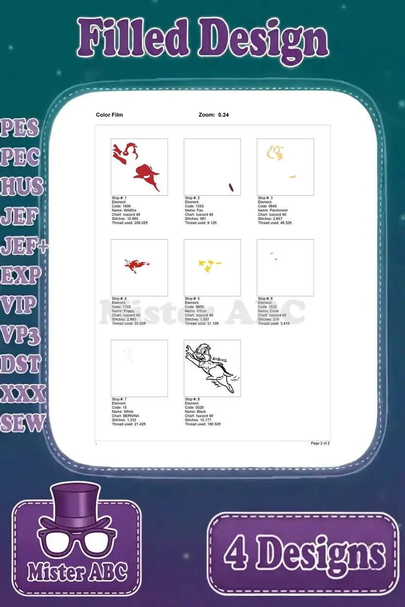 A color film breakdown for Chip's running embroidery design, showing individual color layers and the complete design outline.