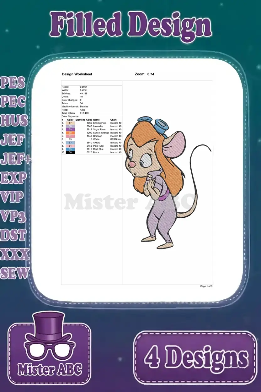 Design worksheet for the third Gadget Hackwrench embroidery, with full stitch count and color details.