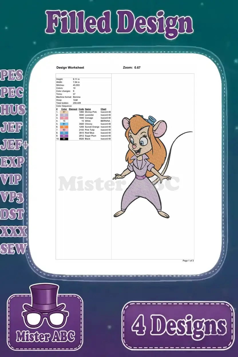 Design worksheet for the fourth Gadget Hackwrench embroidery, outlining all technical specifications.