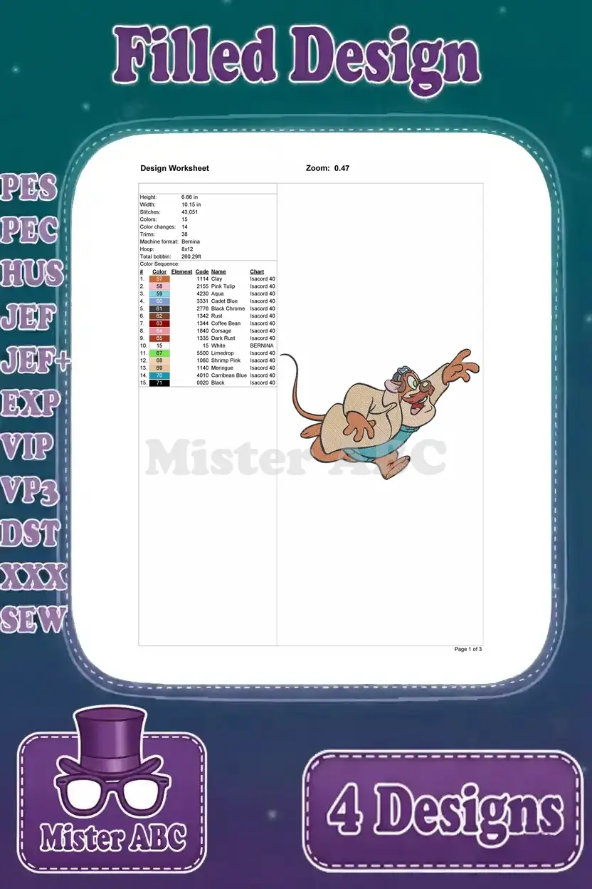 Detailed design worksheet for Basil of Baker Street embroidery, showing stitch count, colors, and hoop size for the first pose.