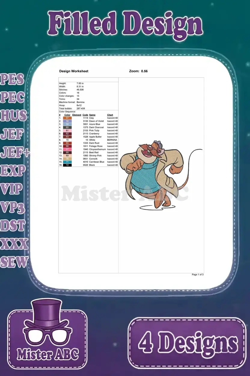 Design worksheet for the second Basil of Baker Street embroidery pose, detailing stitches, colors, and hoop.