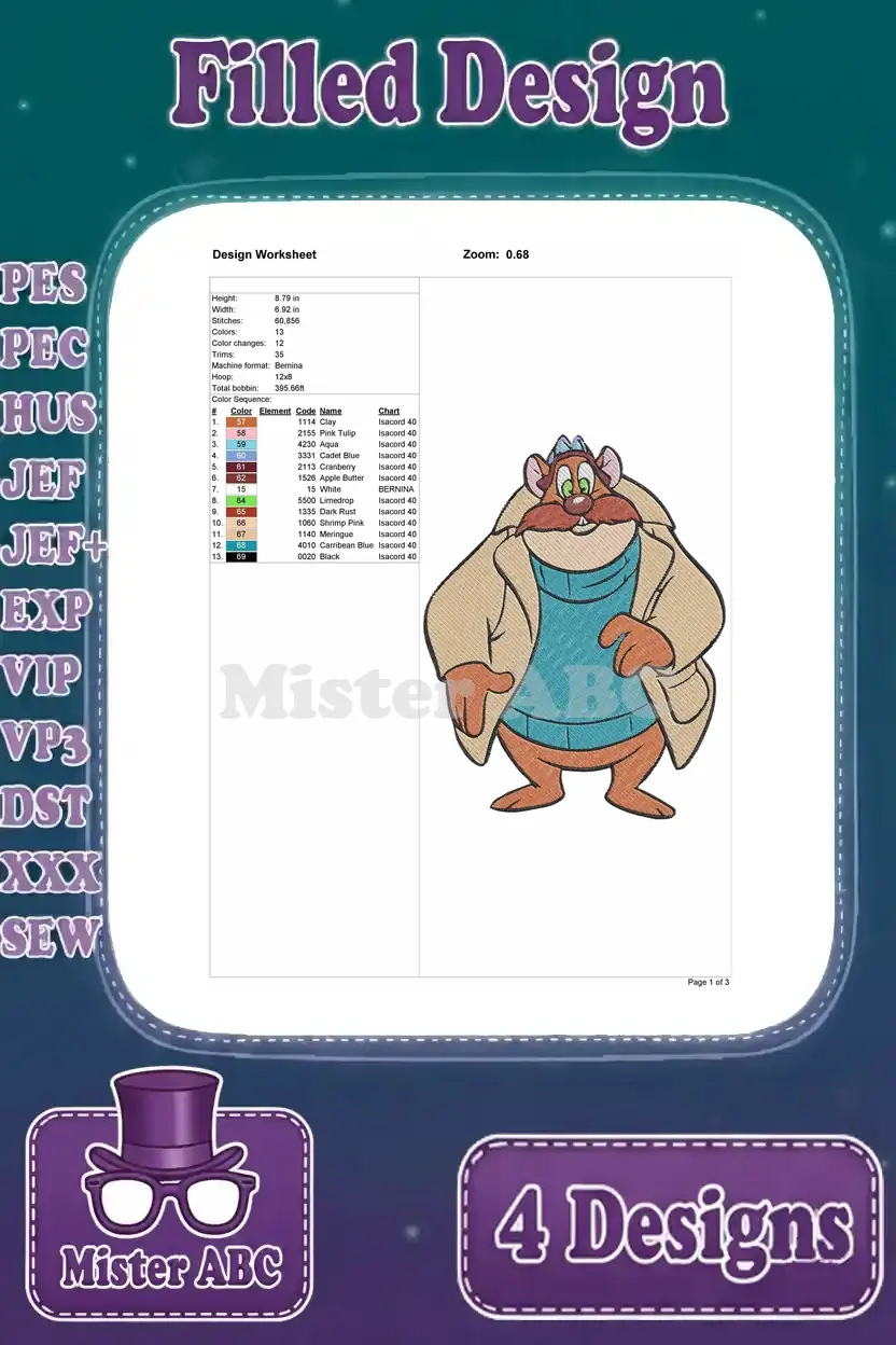 Comprehensive design worksheet for the third Basil of Baker Street embroidery pose, showing all technical specifications.