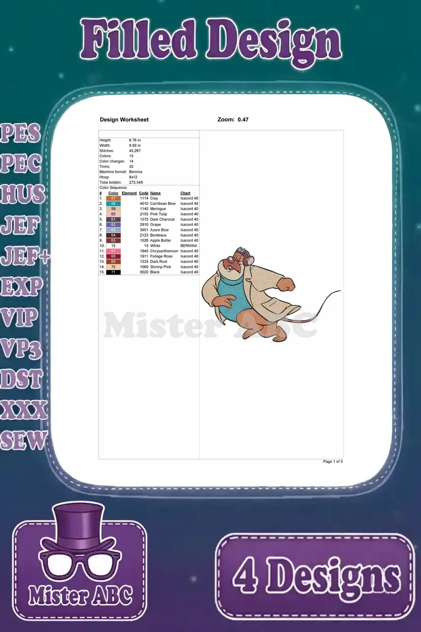 Full design worksheet for the fourth Basil of Baker Street embroidery pose, detailing all technical stitch information.