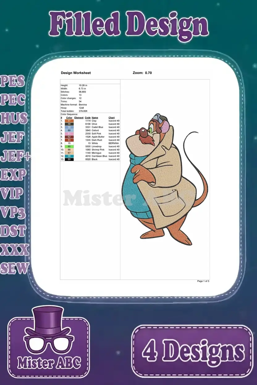 A detailed design worksheet for the first detective mouse embroidery, providing essential stitching information and color codes.