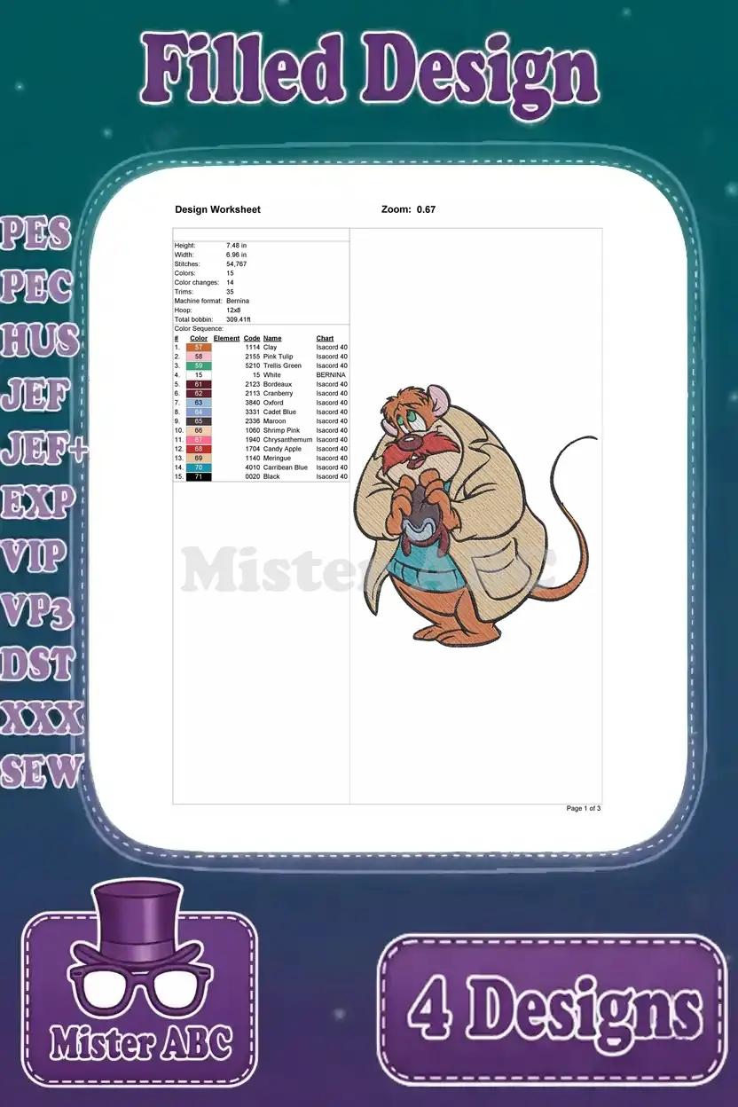 A detailed design worksheet for the second detective mouse embroidery, offering all necessary stitching specifics.