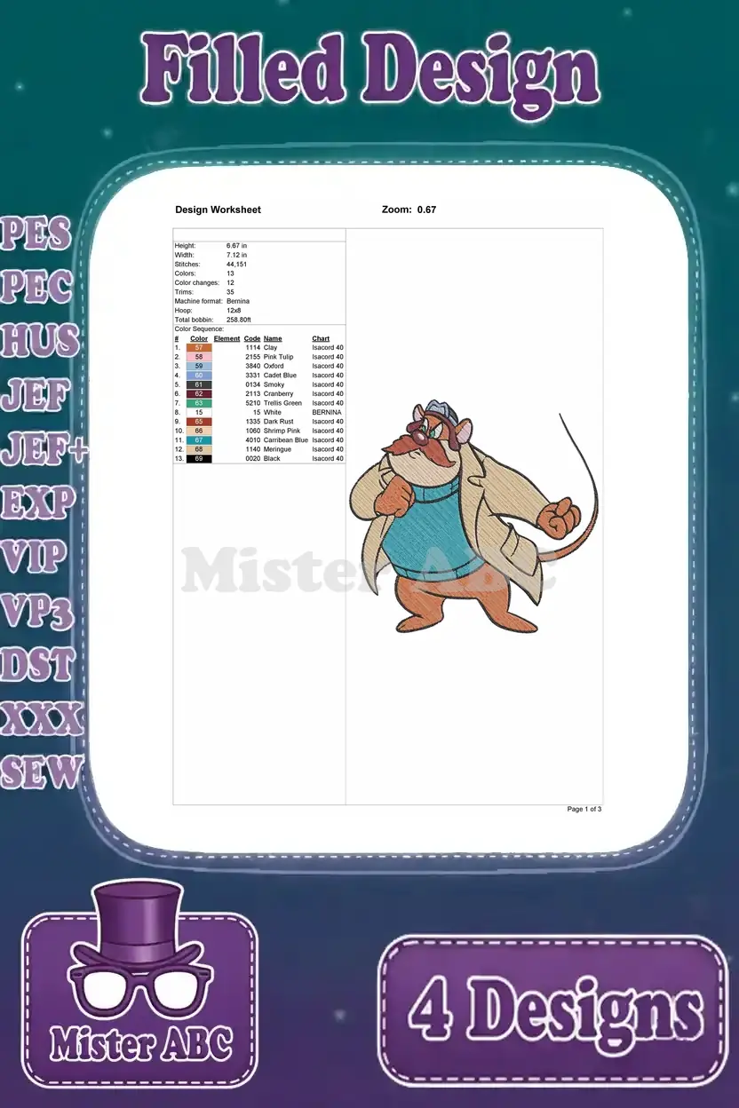 A detailed design worksheet for the fourth detective mouse embroidery, listing all necessary stitching specifications.