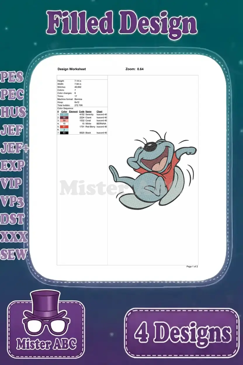 Design worksheet for the first Sniffles the Mouse embroidery design, showing thread colors and stitch details.