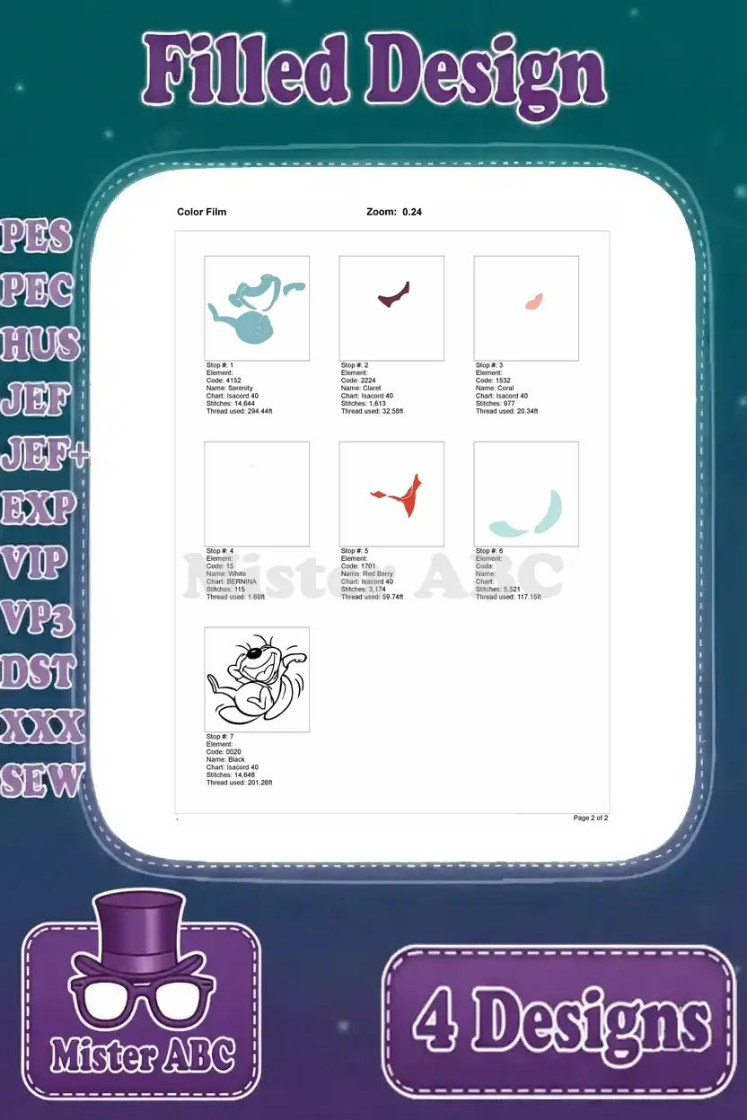 Color film breakdown for the first Sniffles the Mouse embroidery design, showing stitch order by color.