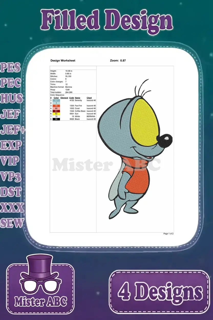 Design worksheet for the second Sniffles the Mouse embroidery design, showing thread colors and stitch details.