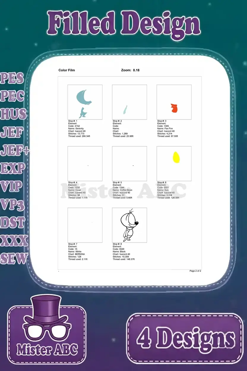 Color film breakdown for the second Sniffles the Mouse embroidery design, showing stitch order by color.