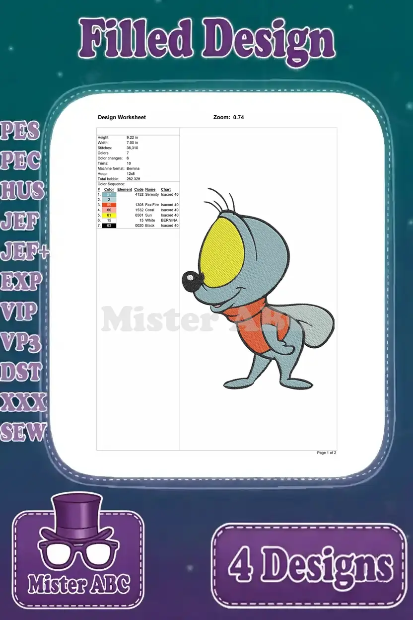 Design worksheet for the third Sniffles the Mouse embroidery design, showing thread colors and stitch details.