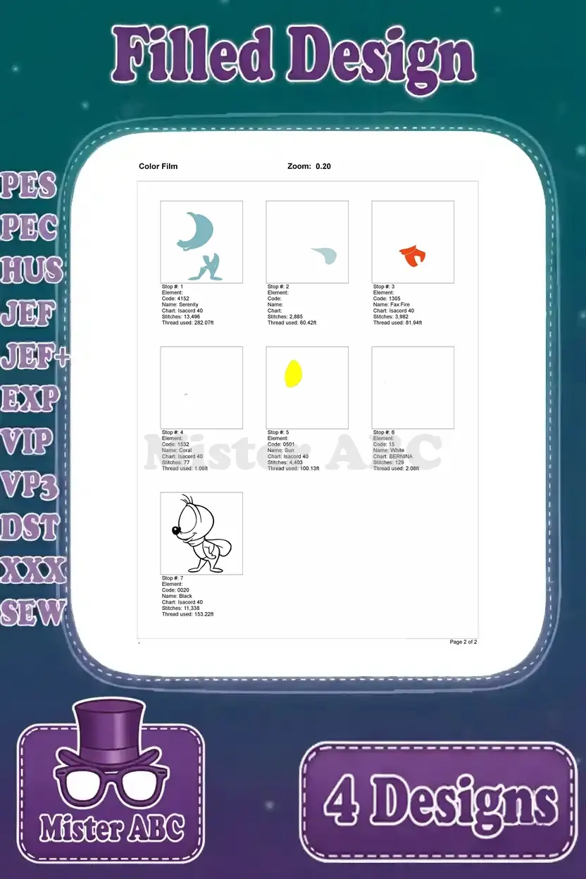 Color film breakdown for the third Sniffles the Mouse embroidery design, showing stitch order by color.
