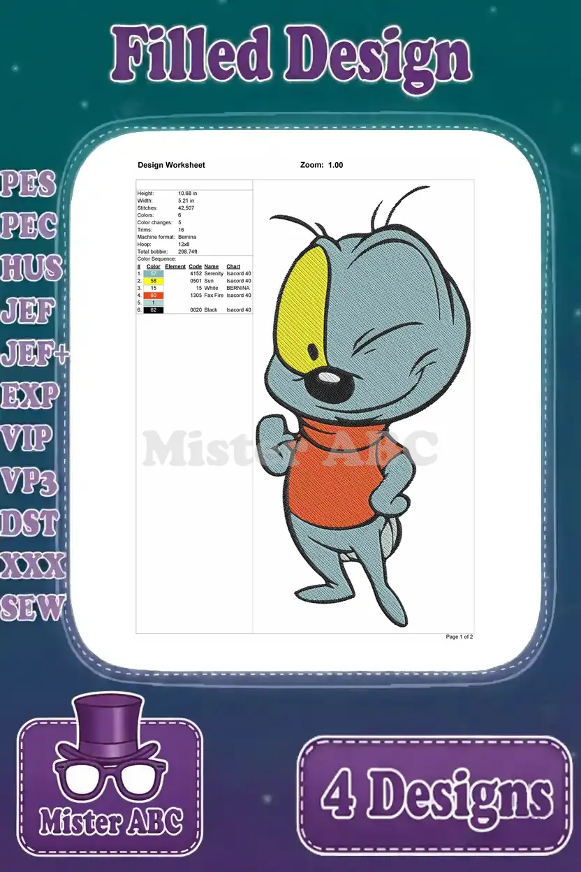 Design worksheet for the fourth Sniffles the Mouse embroidery design, showing thread colors and stitch details.