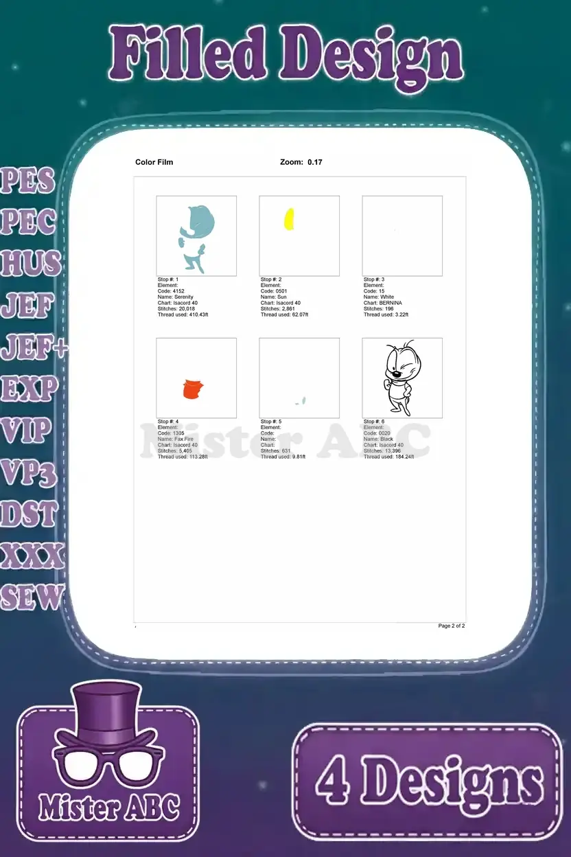 Color film breakdown for the fourth Sniffles the Mouse embroidery design, showing stitch order by color.