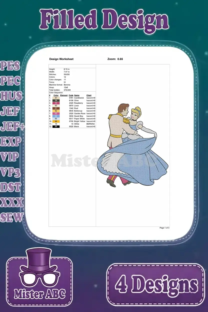 Embroidery design worksheet for Cinderella and Prince Charming dancing elegantly, with stitch details.
