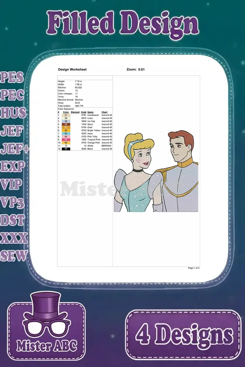 Detailed design worksheet for the first Cinderella and Prince Charming embroidery scene, showing stitches and colors.