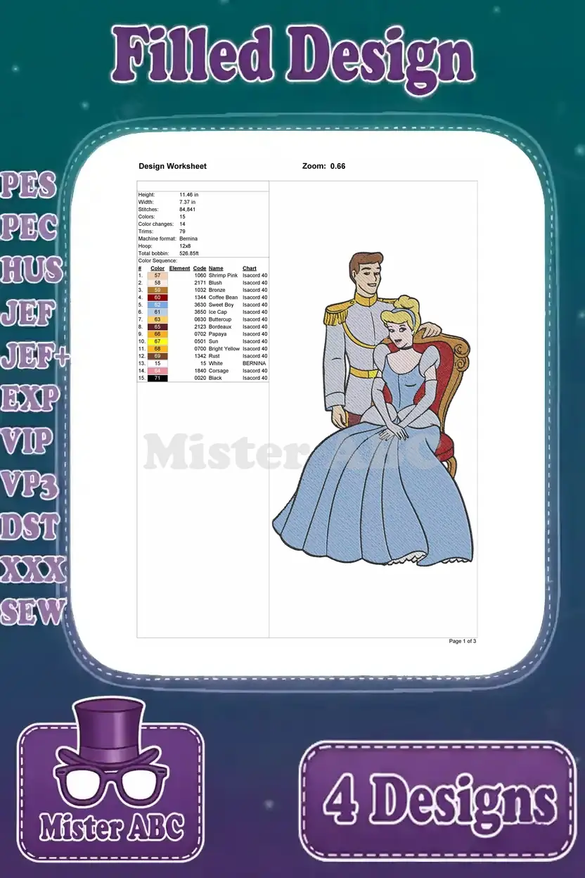 Design worksheet for the second Cinderella and Prince Charming embroidery, featuring them seated gracefully.