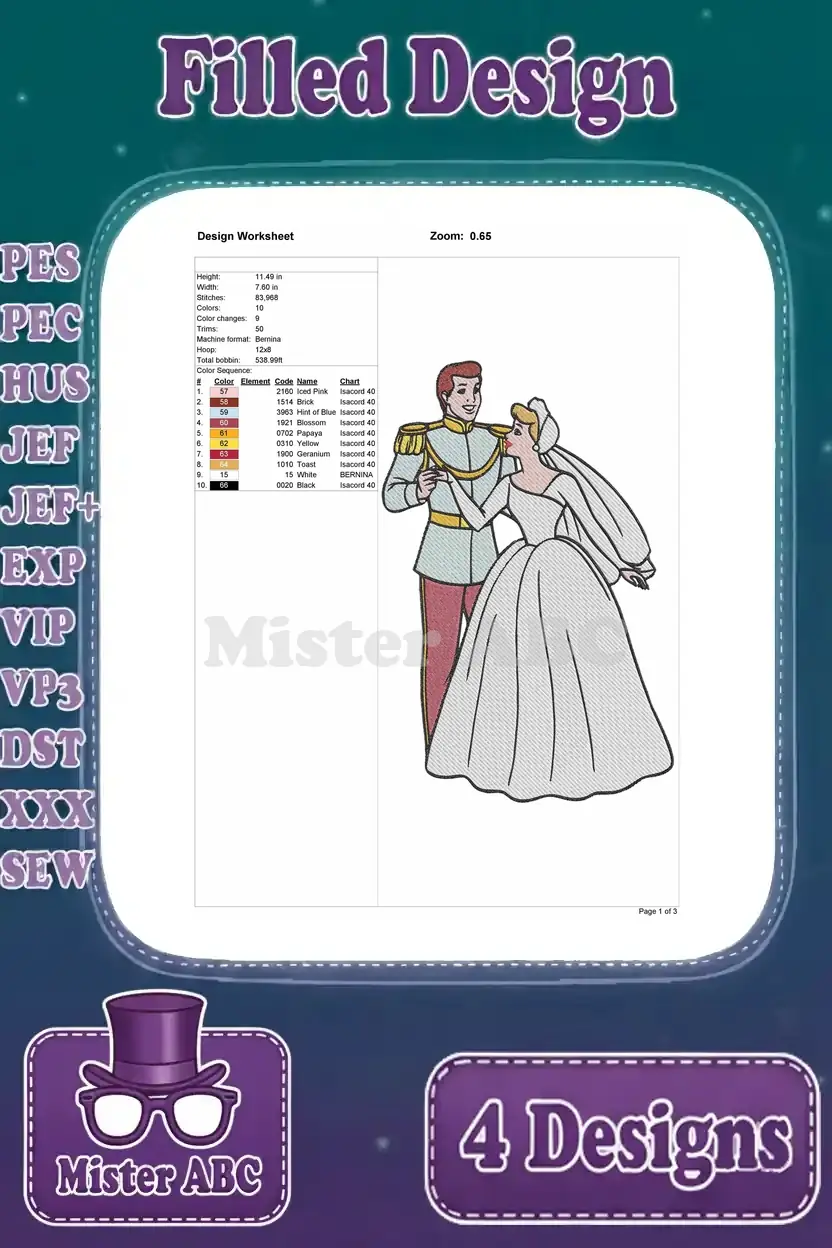 Design worksheet for the third Cinderella and Prince Charming wedding embroidery design, with full details.
