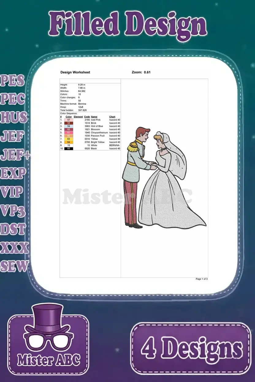 Design worksheet for the second Cinderella and Prince Charming embroidery, detailing specifications and color chart.
