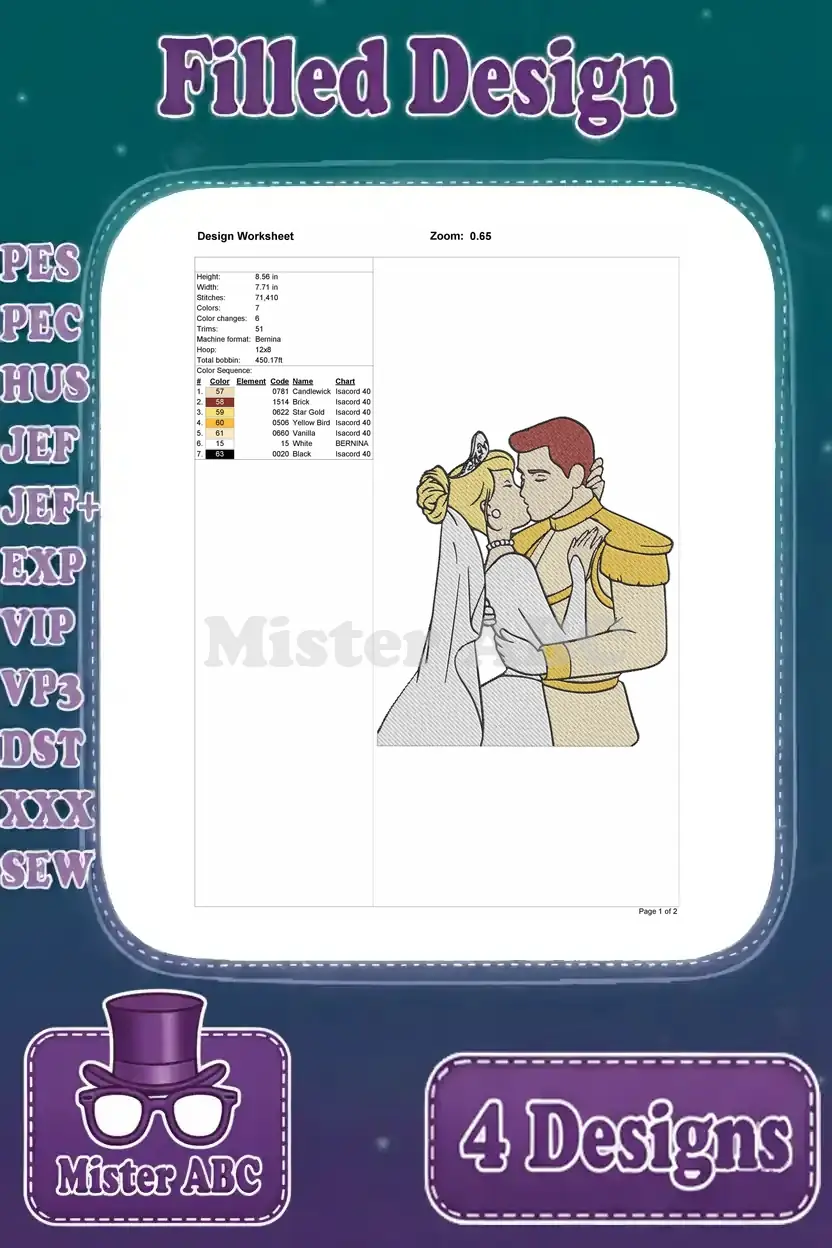 Design worksheet for the third Cinderella and Prince Charming embroidery, detailing specifications and color chart.