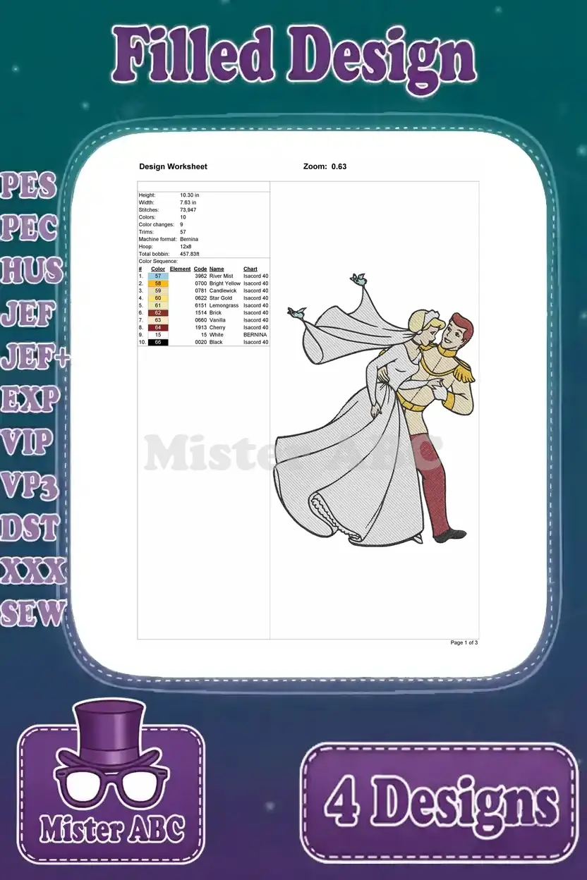 Design worksheet for the fourth Cinderella and Prince Charming embroidery, detailing specifications and color chart.