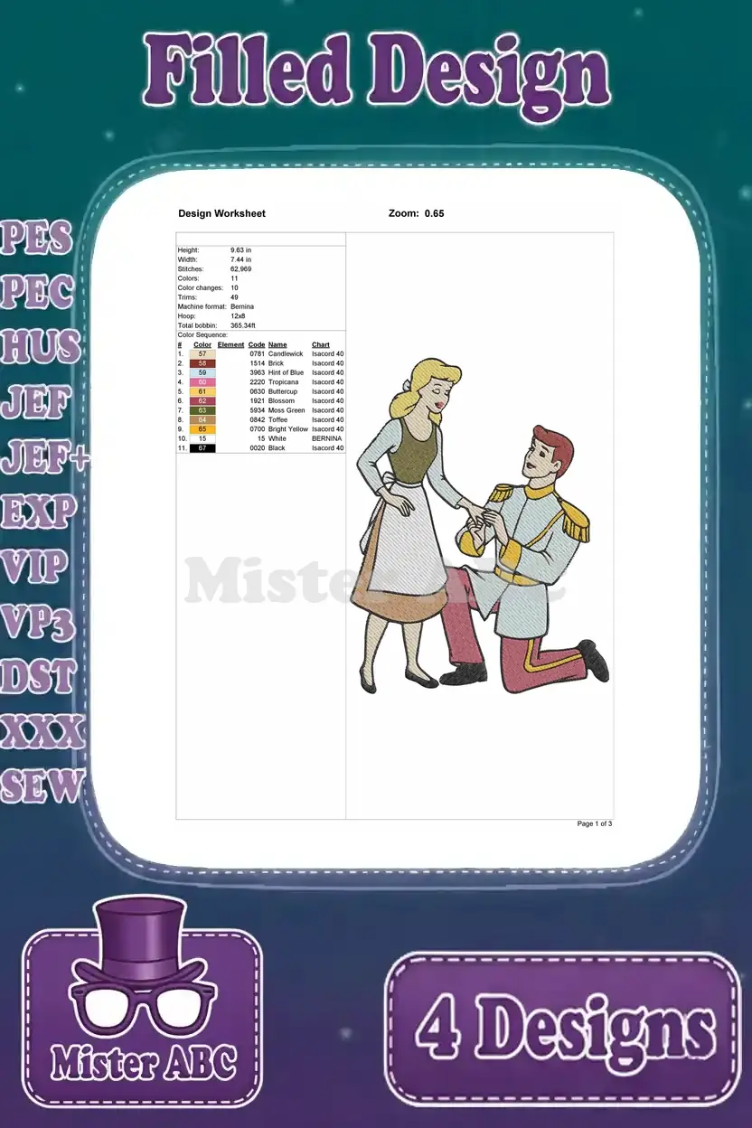 Detailed design worksheet for the Cinderella and Prince Charming proposal embroidery, showing stitch count and colors.
