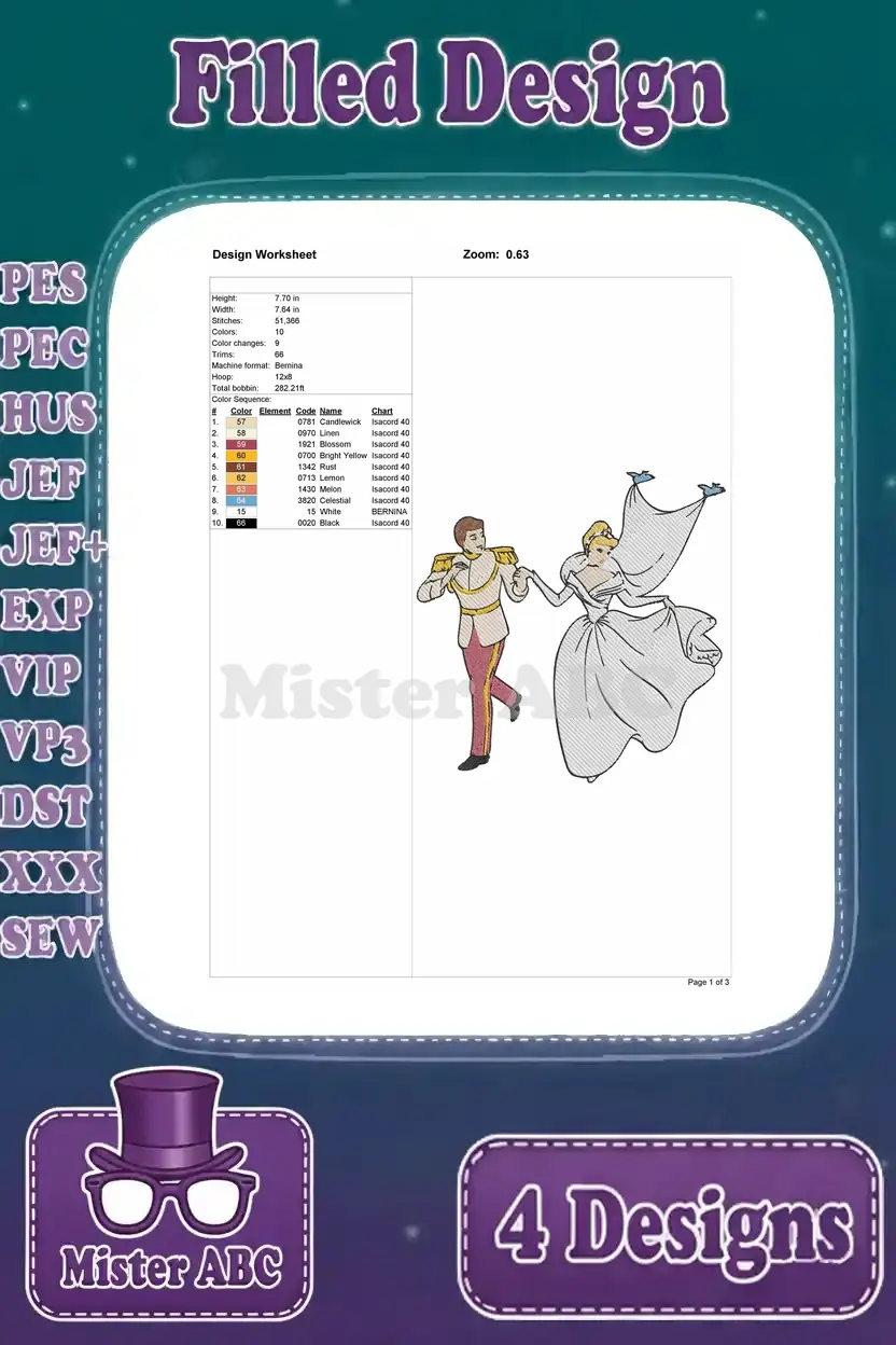 Design worksheet for the second Cinderella and Prince Charming embroidery, showing dancing pose details.
