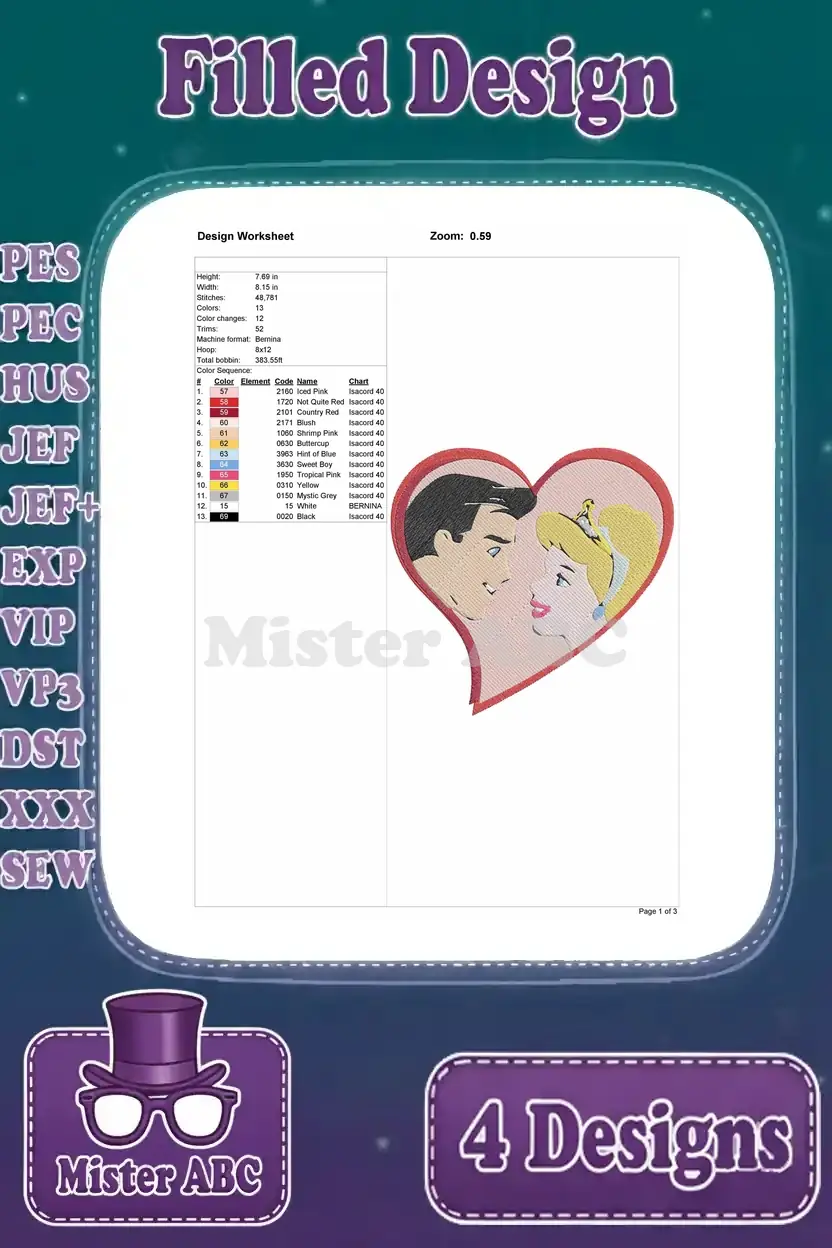 Detailed design worksheet for the heart-shaped Cinderella and Prince Charming embroidery, including stitch counts, dimensions, and color chart.