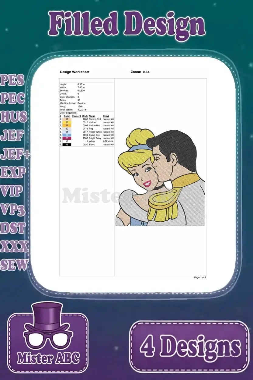 Detailed design worksheet for the kissing Cinderella and Prince Charming embroidery, including stitch counts, dimensions, and color chart.