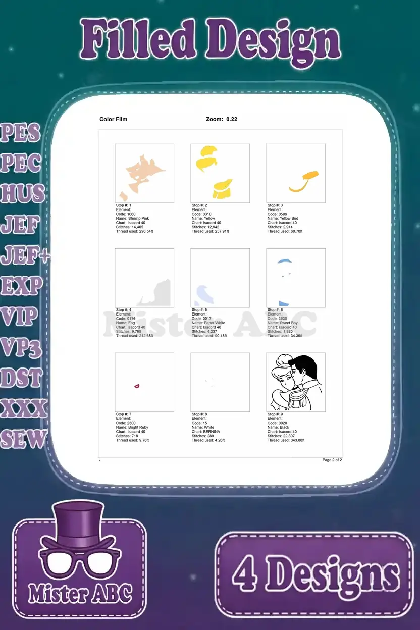 Color film page 2 for the kissing Cinderella and Prince Charming design, detailing all color stops and the complete design outline.