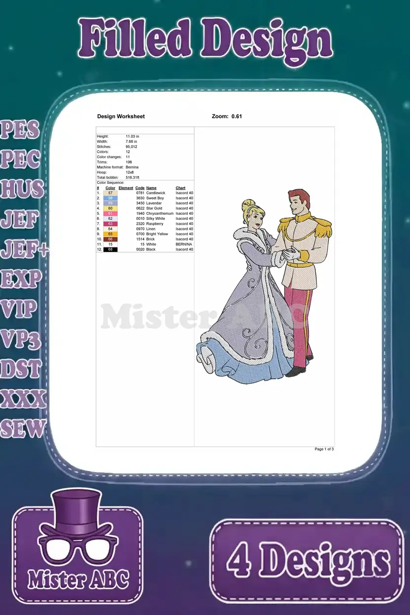 Detailed design worksheet for the first Cinderella and Prince Charming embroidery, showing stitch count, colors, and dimensions.