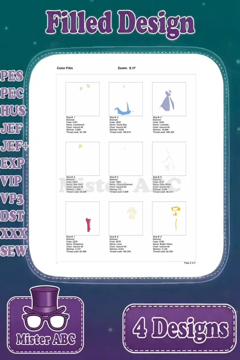 Color film (page 2 of 3) for the first Cinderella and Prince Charming embroidery design, detailing stitch stops.