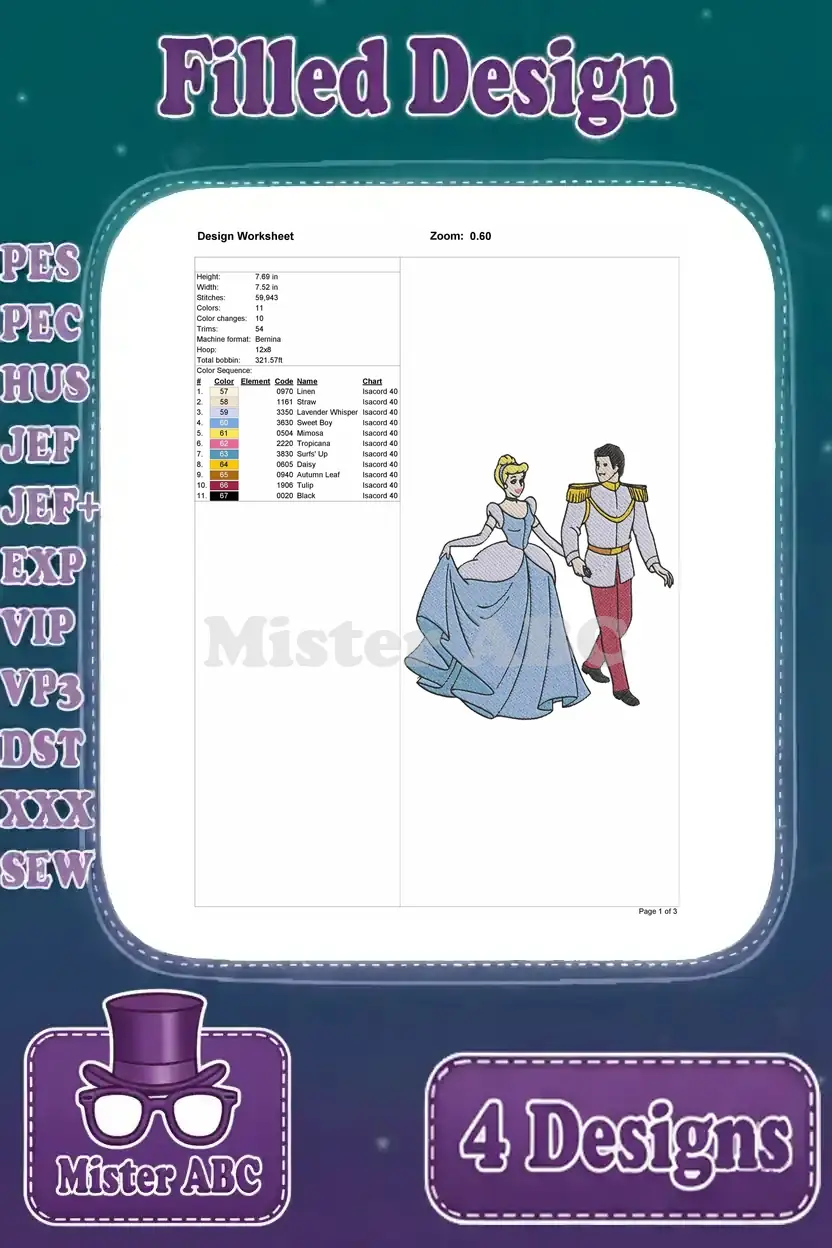 Detailed design worksheet for the second Cinderella and Prince Charming embroidery, showing stitch count, colors, and dimensions.