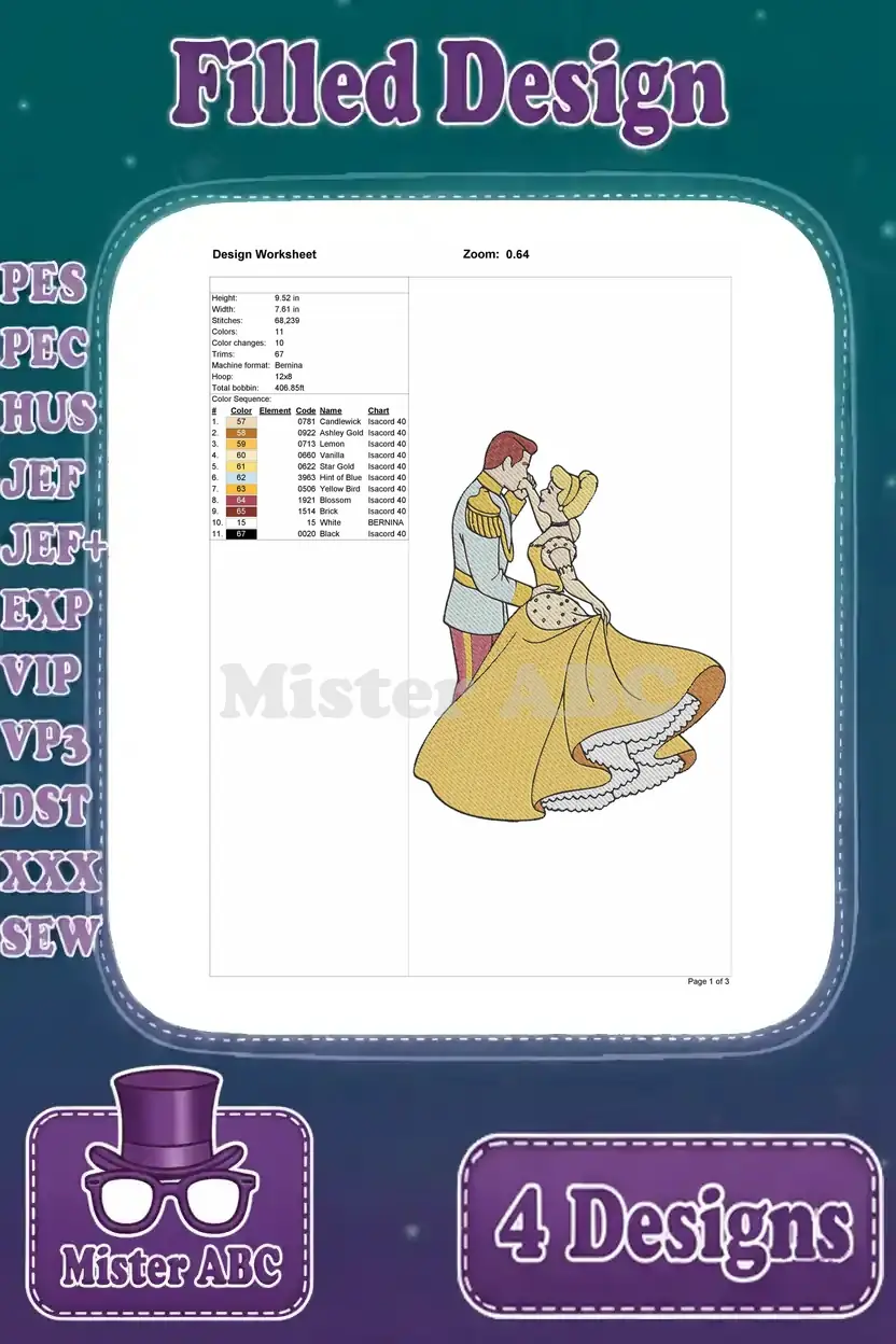 Detailed design worksheet for the third Cinderella and Prince Charming embroidery, showing stitch count, colors, and dimensions.