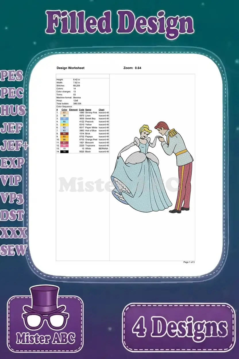 Detailed design worksheet for the fourth Cinderella and Prince Charming embroidery, showing stitch count, colors, and dimensions.