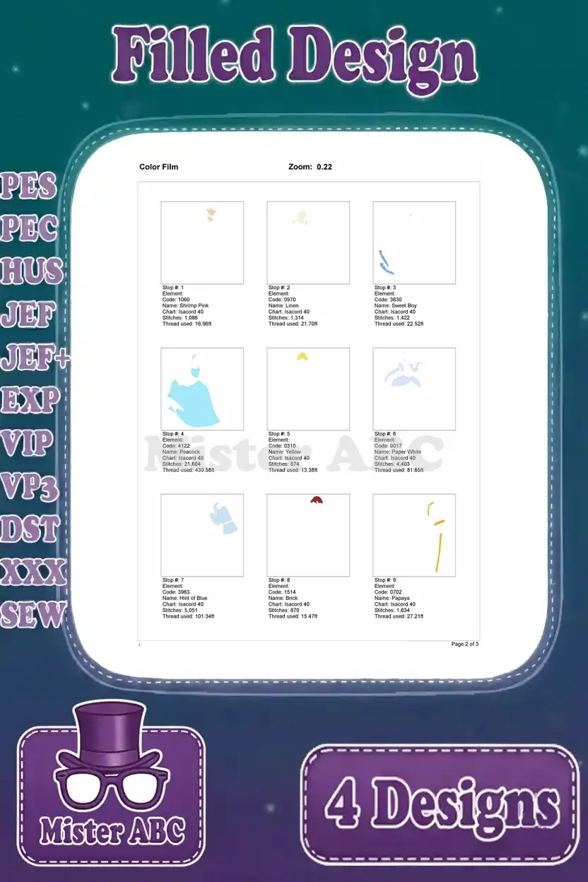 Color film (page 2 of 3) for the fourth Cinderella and Prince Charming embroidery design, detailing stitch stops.