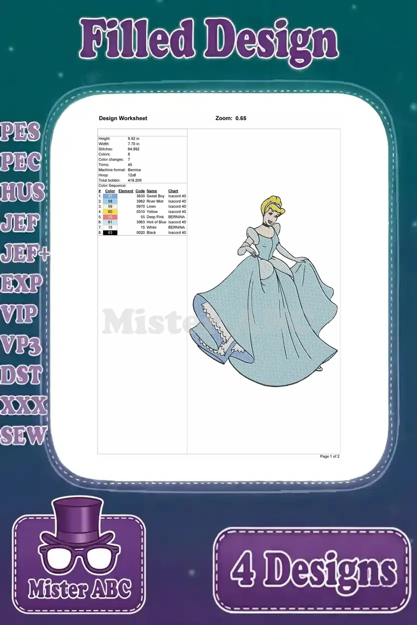 Detailed design worksheet for the Cinderella in blue gown embroidery, showing dimensions, stitch count, and color sequence.