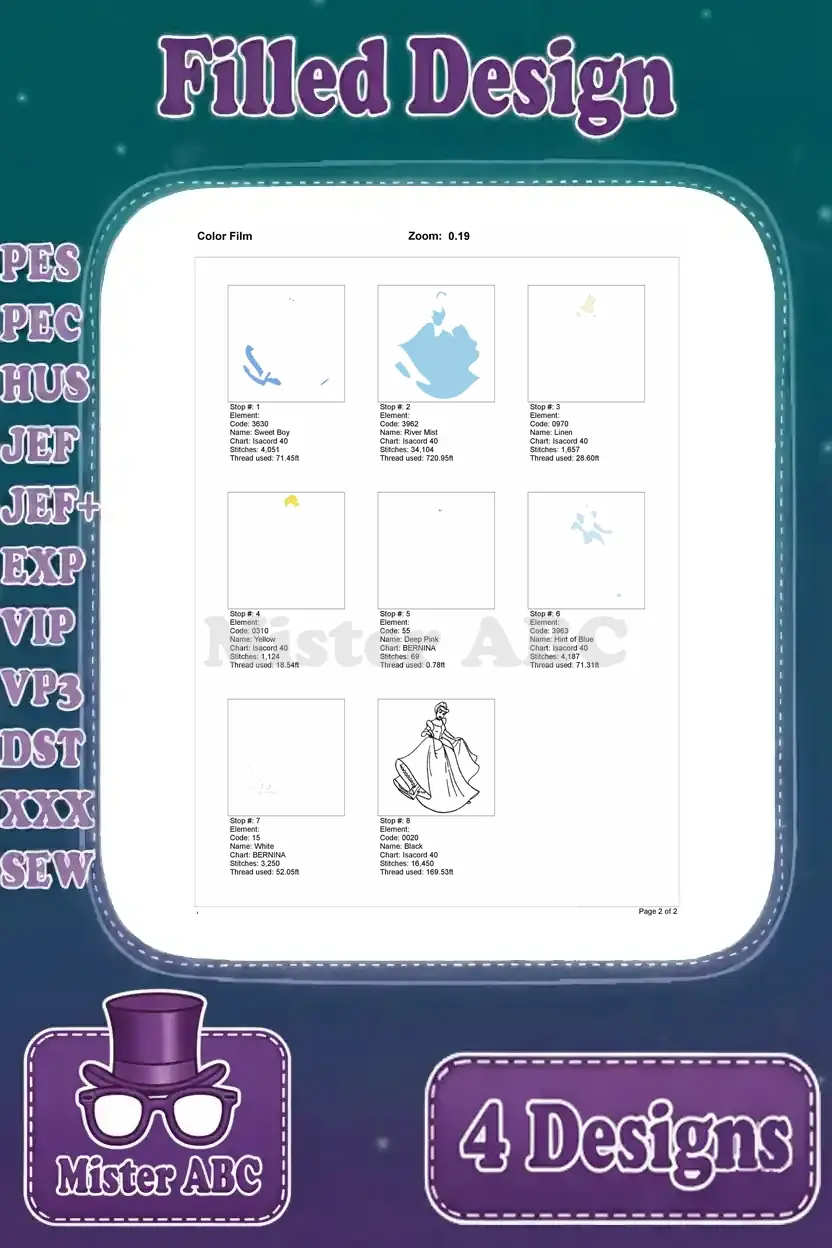 Color film breakdown for the blue Cinderella dress embroidery, illustrating each individual color stop and stitch progression.