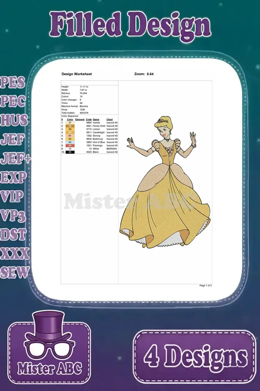 Design worksheet for Cinderella in a golden ball gown, detailing stitch count, dimensions, and thread color information.