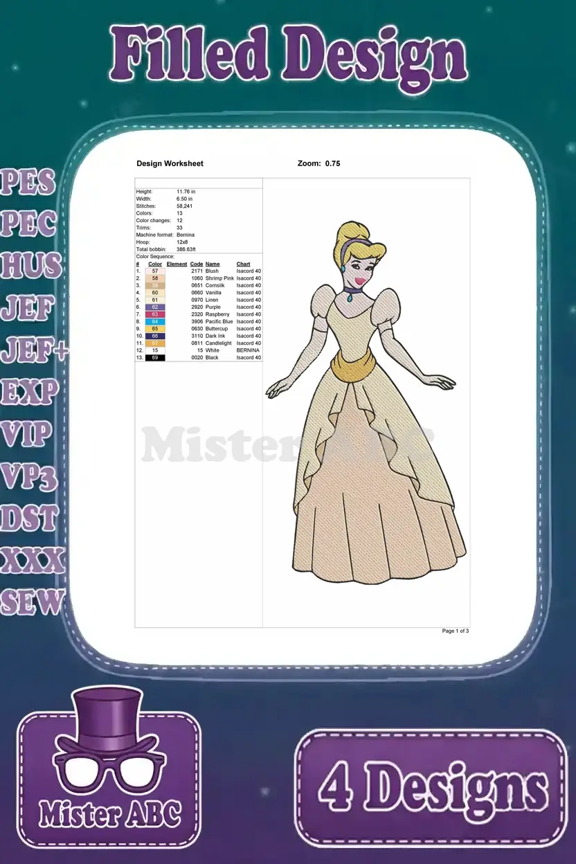 Design worksheet for Cinderella in an elegant beige gown (pose 2), detailing size, stitch count, and thread colors.