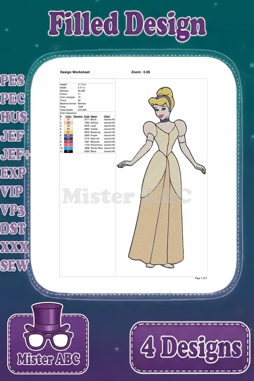 Design worksheet for Cinderella in her beige and gold dress (pose 3), detailing dimensions, stitches, and color sequence.