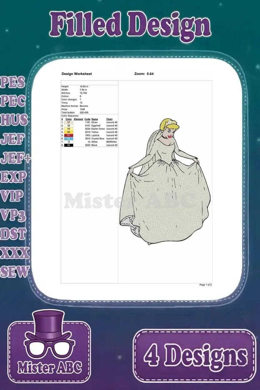 Detailed design worksheet for the Cinderella wedding dress embroidery, showing stitches, color changes, and dimensions.