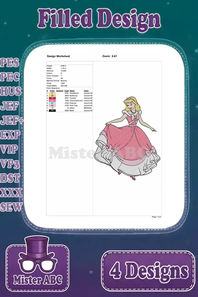 Design worksheet for the second Cinderella pink ball gown, detailing stitch counts, color changes, and design dimensions.