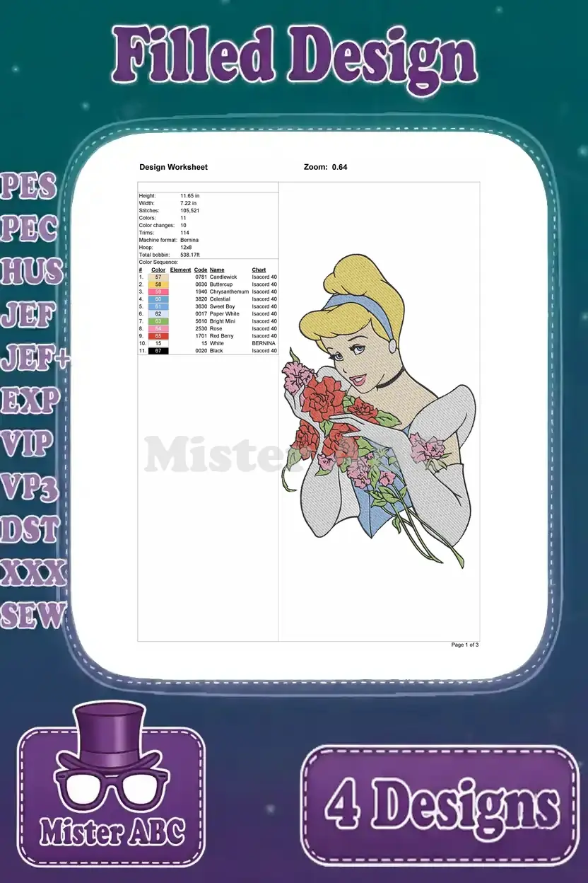Design worksheet for Cinderella holding flowers, detailing stitch counts, color changes, and overall design dimensions.