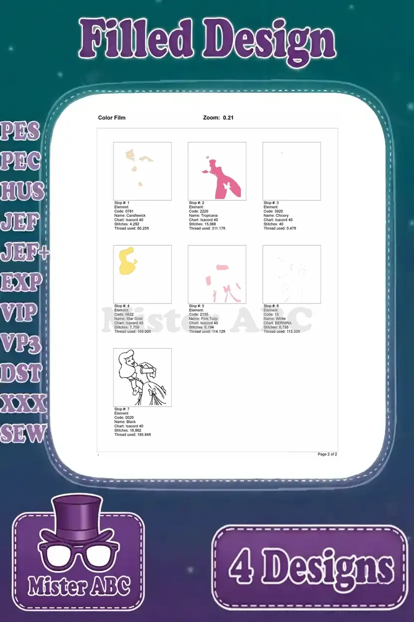 Color film for the Cinderella looking back embroidery design, detailing the step-by-step thread application and stitching order.