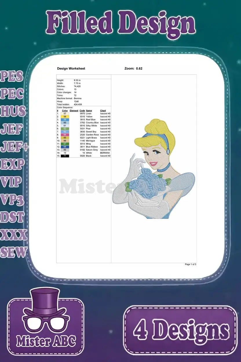 Design worksheet for the fourth Cinderella embroidery design, depicting her with a blue bouquet, including detailed stitch specifications.