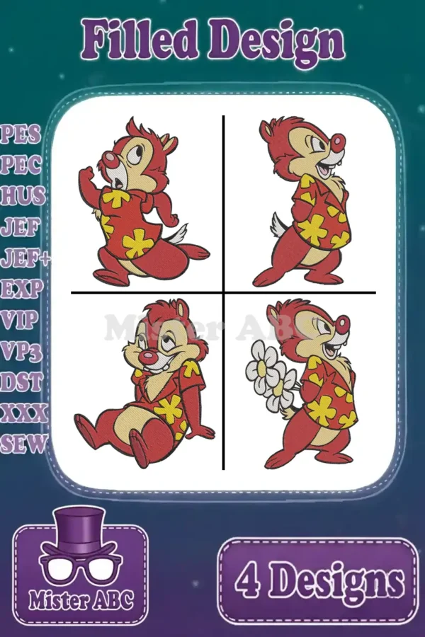 Four adorable Dale embroidery designs in a vibrant red Hawaiian shirt, showcasing various playful poses. Filled stitch.