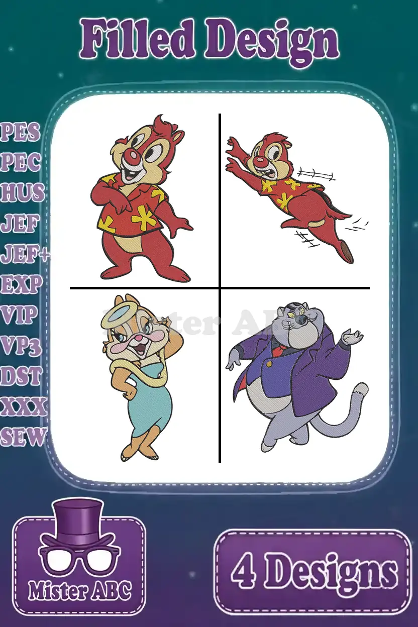 A vibrant collage of four filled embroidery designs: Dale, Chip, Gadget, and Fat Cat from Rescue Rangers, with supported formats listed.